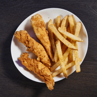 3 count chicken tender zingers on a plate with fries for kids
