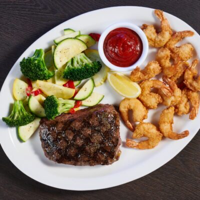 Flat Iron + Fried Shrimp